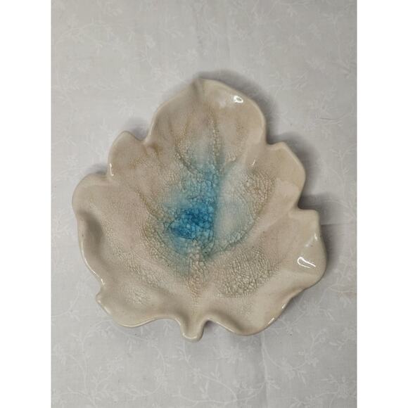 Handmade Ceramic Geode Pottery Trinket Dish Crackled Leaf 7" Dish - Picture 1 of 8